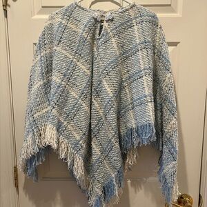 Boyne Valley Weavers Poncho Blue White Plaid Wool Alpaca Blend Fringe